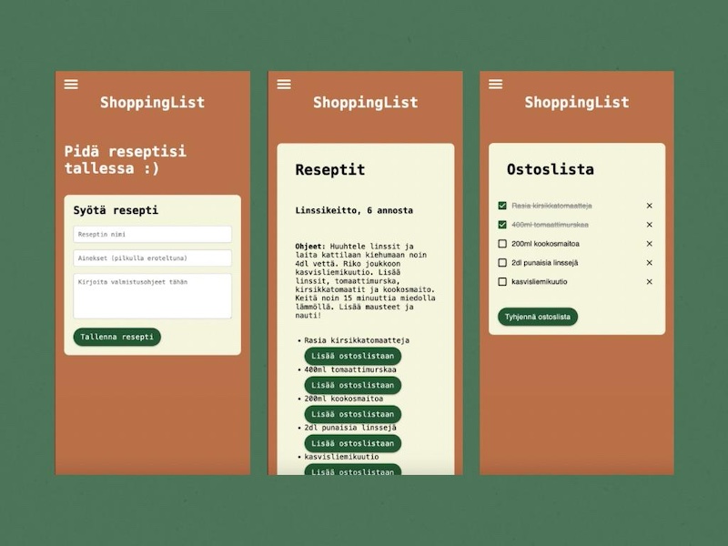 Kolme näyttökuvaa Reactilla luodusta ostoslistasovelluksesta.